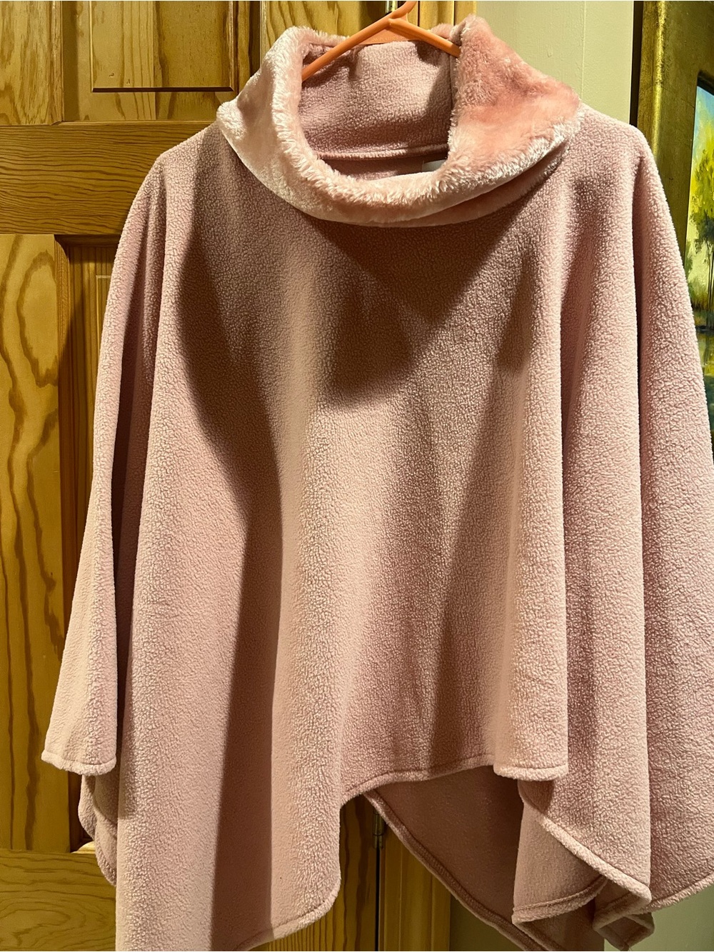 Lenox’s Cozy Funnel-Neck Cape in Soft Pink with Faux Fur Collar